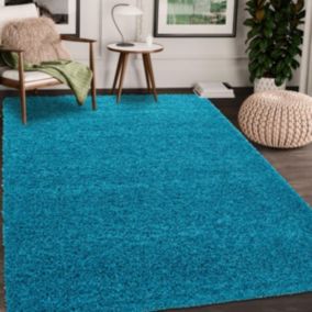 Tapis poils longs shaggy 120x170 rectangle tissé turquoise motif uni UNI L