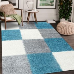 Tapis poils longs shaggy 60x110 rectangle tissé bleu ciel et gris motif damier