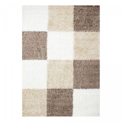 Tapis poils longs shaggy tissé motif damier CARRÉ A, Beige, marron, crème