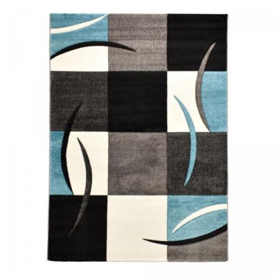 Tapis pour une chambre ou une entrée tissé motif damier LYN8 COMMA, Bleu, gris, noir