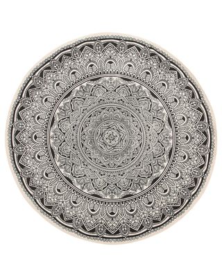 Tapis rond au motif mandala blanc crème et noir HIZAN