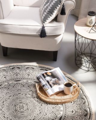 Tapis rond au motif mandala blanc crème et noir HIZAN
