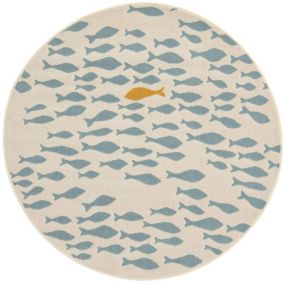 Tapis rond chambre d'enfant - Petits poissons - Beige et bleu clair - 120 cm