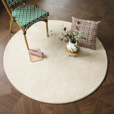 Tapis rond doux poils longs - Touch beige clair - Galon blanc coton - 200 cm