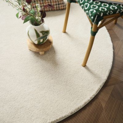 Tapis rond doux poils longs - Touch beige clair - Galon blanc coton - 200 cm