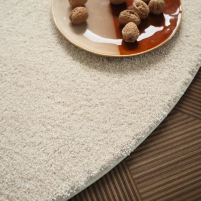 Tapis rond doux poils longs - Touch beige clair - Galon blanc coton - 200 cm