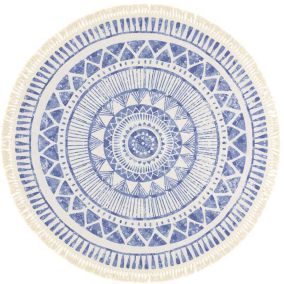 Tapis rond en coton blanc à franges - Aztèque - Motifs bleu - Rond 150 cm