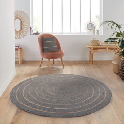 Tapis rond en coton tressé, effet jute rayé, kaki, 120 cm, Dylrev
