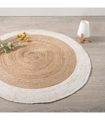 Tapis rond en Jute et bord en Blanc Vieilli D 120 cm