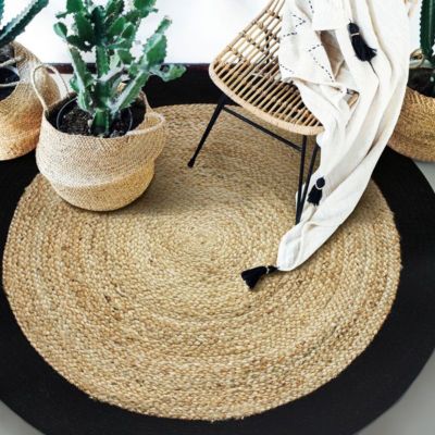 Tapis rond en jute et coton bande noire diam.160