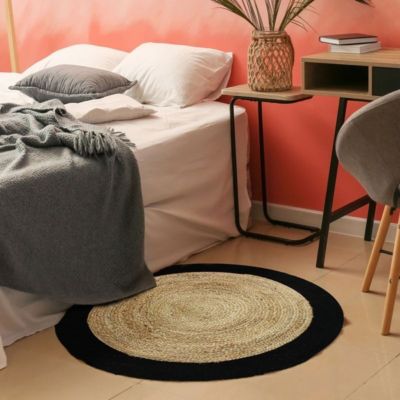 Tapis rond en jute et coton bande noire diam.90