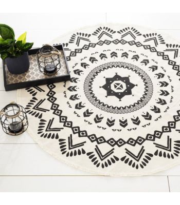 Tapis Rond Noir et Blanc en Coton D 120 cm