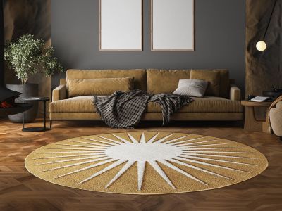 Tapis rond soleil en relief - D.200 cm - Moutarde et blanc - LUMINIO