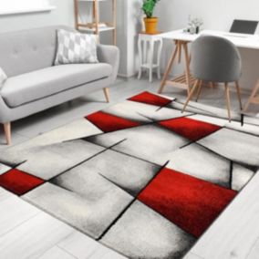 tapis salle à manger 280x380 tissé rouge rectangle motif géométrique ULTIMA