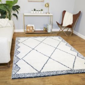 tapis salon 160x213 tissé blanc et bleu rectangle motif berbère CALYPSO 1