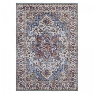 tapis salon 160x230 tissé bleu et blanc rectangle motif oriental NIKEL