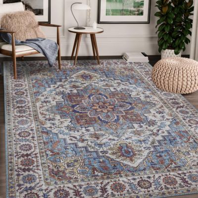 tapis salon 160x230 tissé bleu et blanc rectangle motif oriental NIKEL