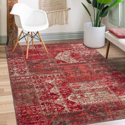 Tapis salon et chambre tissé motif ethnique LYN1, rouge