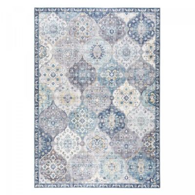 Tapis salon et chambre tissé motif ethnique VIVACE 5, argent, gris, bleu