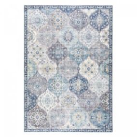 Tapis salon et chambre tissé motif ethnique VIVACE 5, argent, gris, bleu