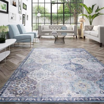 Tapis salon et chambre tissé motif ethnique VIVACE 5, argent, gris, bleu