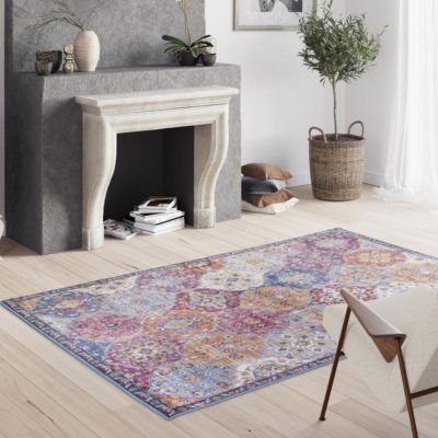 Tapis salon et chambre tissé motif ethnique VIVACE 5, violet, gris, rose