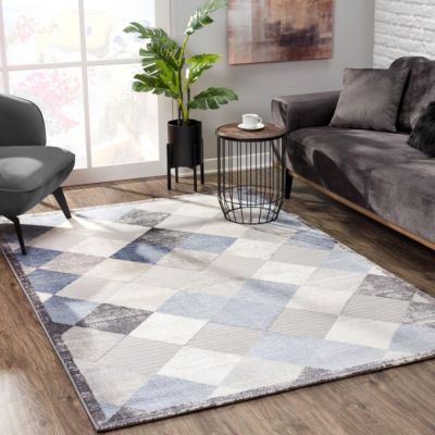 Tapis salon et chambre tissé motif géométrique HARLE, gris clair, gris foncé, bleu