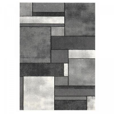 Tapis salon et chambre tissé motif géométrique LYN8 GEOME, Noir, gris, blanc