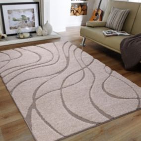 Tapis shaggy 120x160 rectangle tissé beige motif géométrique POUDA