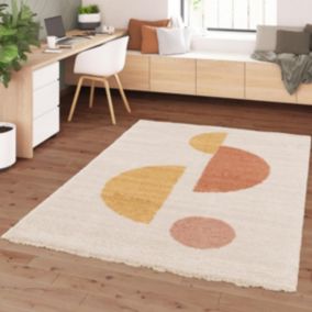 Tapis shaggy 120x170 rectangle tissé beige et orange motif géométrique AURORA 3