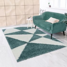 Tapis shaggy 120x170 rectangle tissé vert et crème motif géométrique TRIANGLE A