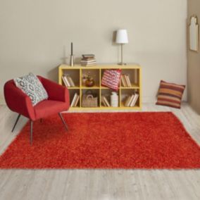 Tapis shaggy 140x200 rectangle fait main rouge et orange motif uni STAROD