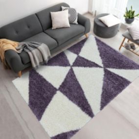 Tapis shaggy 140x200 rectangle tissé violet et crème motif géométrique