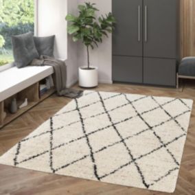 Tapis shaggy 160x230 rectangle tissé crème et noir motif berbère CROMA 11