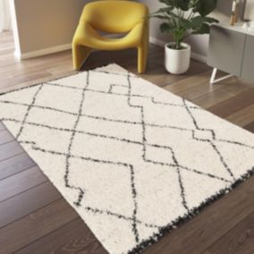 Tapis shaggy 160x230 rectangle tissé noir et crème motif berbère CROMA 12