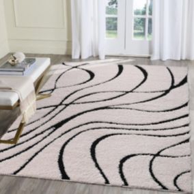 Tapis shaggy 200x280 rectangle tissé crème motif géométrique POUDA