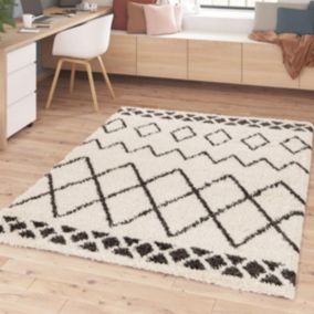 Tapis shaggy 200x290 rectangle tissé noir et crème motif berbère CROMA 7