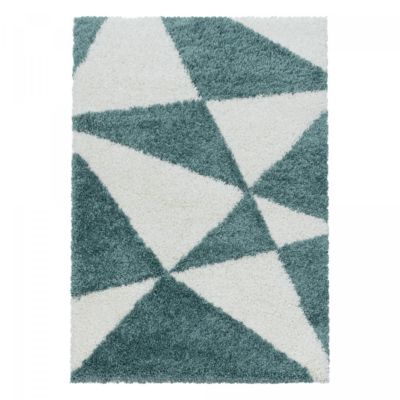 Tapis shaggy 200x290 rectangle tissé vert et crème motif géométrique TRIANGLE A