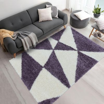 Tapis shaggy 280x370 rectangle tissé violet et crème motif géométrique