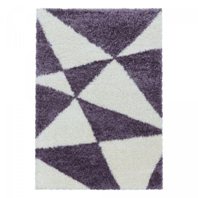 Tapis shaggy 280x370 rectangle tissé violet et crème motif géométrique