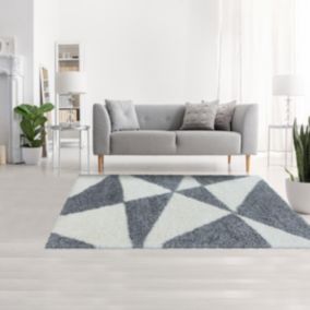 Tapis shaggy 80x250 rectangle tissé gris et crème motif géométrique TRIANGLE A