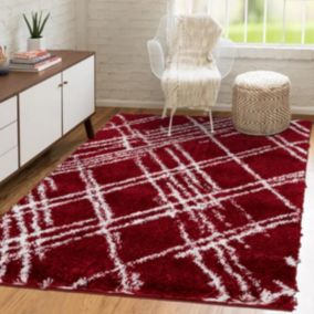 Tapis shaggy 80x300 rectangle tissé rouge et blanc motif géométrique EMBER 1