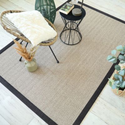 Tapis sisal - Maya chevron beige - Ganse chenille brun chiné - 200 x 200 cm