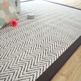 Tapis tissé plat - Java Chevron blanc - Ganse coton anthracite - 140 x 200 cm