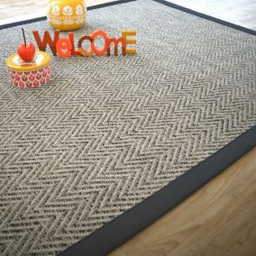 Tapis tissé plat - Java Chevron silver - Ganse coton noir - 120 x 170 cm