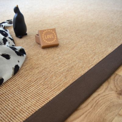Tapis Tissé plat - Mahé naturel - Ganse coton marron - 80 x 150 cm