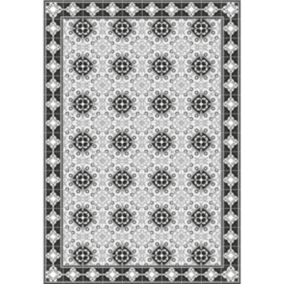 Tapis vinyle motif arabesques blanc, noir et gris L.95x l.66 cm x ep. 2 mm