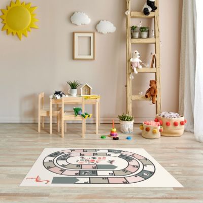 Tapis vinyle motif jeu de l'oie rose, gris et blanc L.95 x l.66 cm x ep. 2 mm