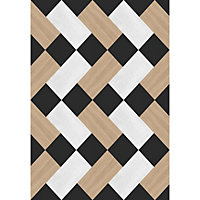 Tapis vinyle motif rectangles, carrés blancs, noirs et naturels L.95 x l.66 cm x ep. 2 mm