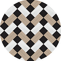 Tapis vinyle rond motif rectangles, carrés blancs, noirs et naturels et bois ⌀99cm x ep. 2mm